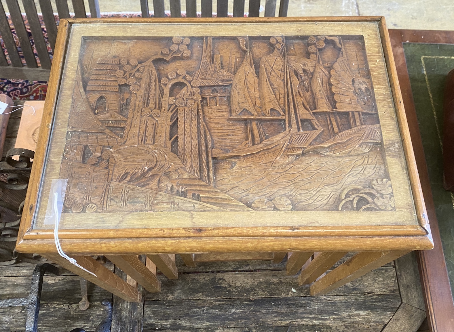 A quartetto of Chinese carved hardwood tables, width 50cm, depth 36cm, height 75cm